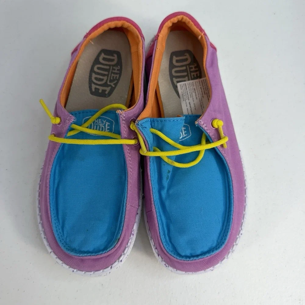 Hey Dude 1 Y1 Wendy Youth Slub Canvas Color Block Slip On Shoes Loafers Colorful